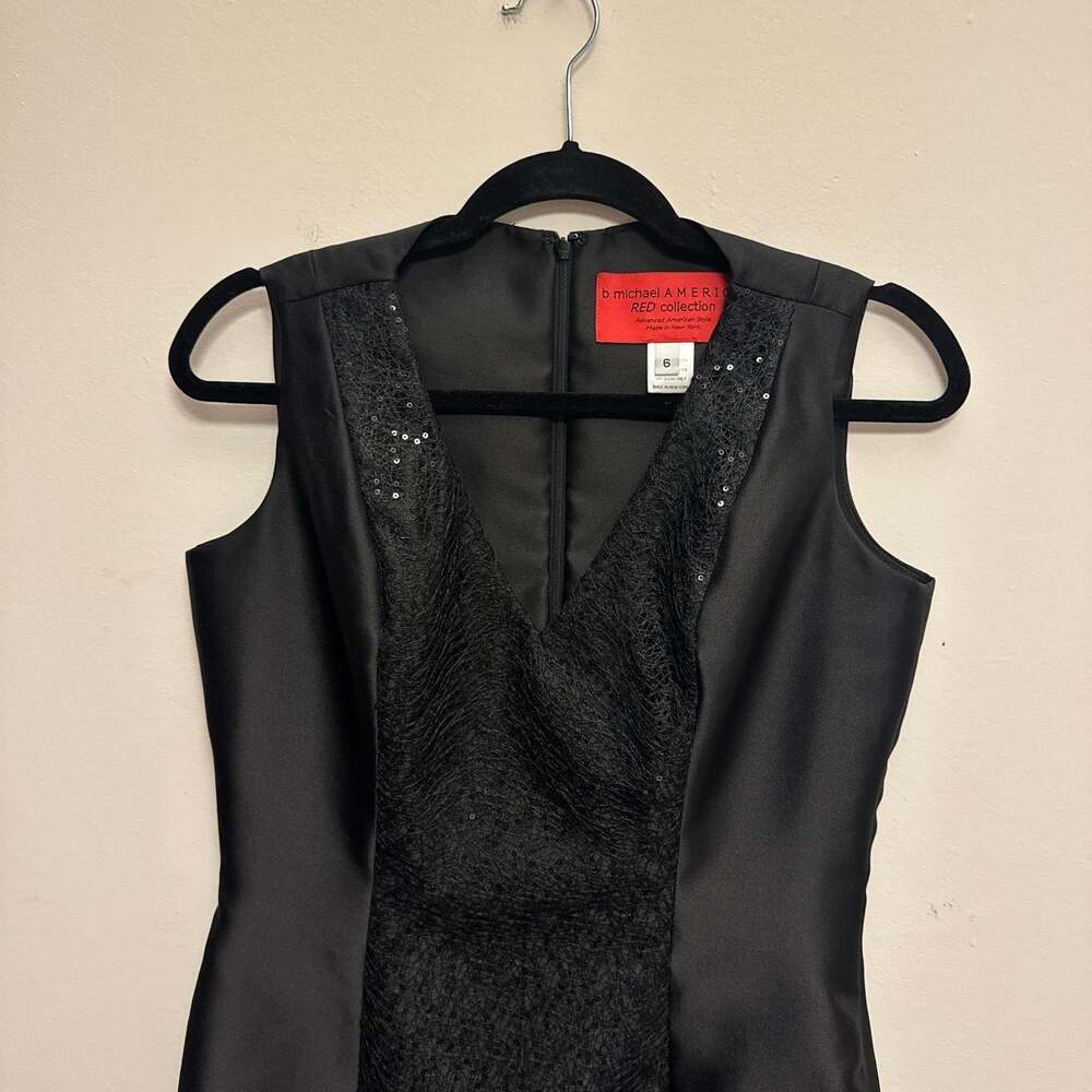 b michael AMERICA RED Collection Blk Satin Lace Sequin V-Neck Sheath Dress sz 6